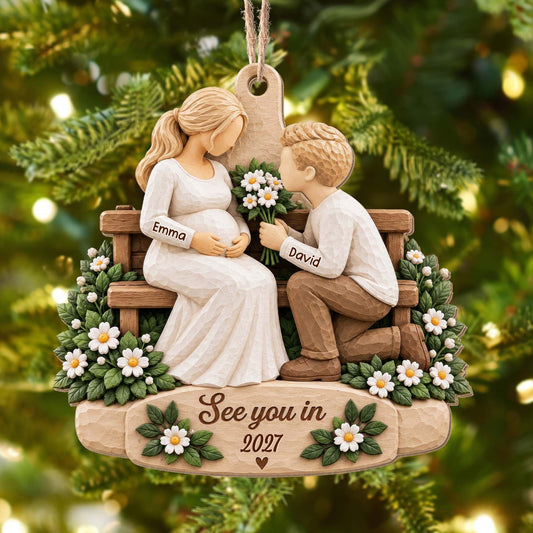 See You in 2027 Personalized Wooden Ornament for Expecting Parents - Custom Baby Bump Keepsake for Christmas