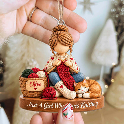 Just A Girl Who Loves Knitting Personalized Wood Ornament - Custom Craft Cat Gift for Mom