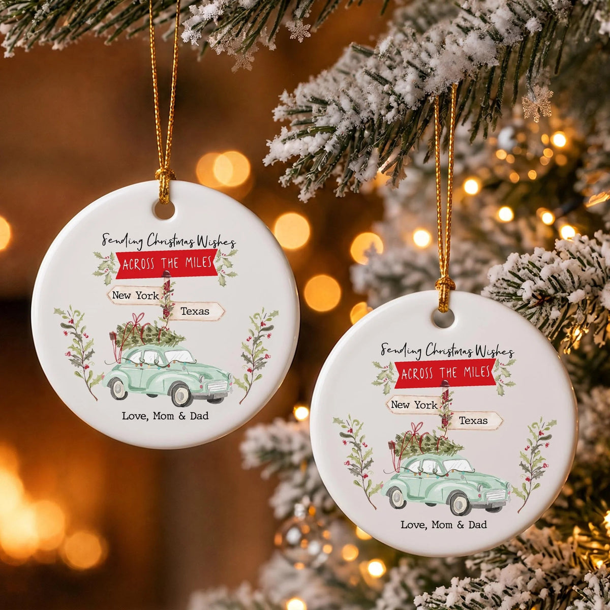 Personalized Christmas Wishes Across The Miles Ceramic Ornament