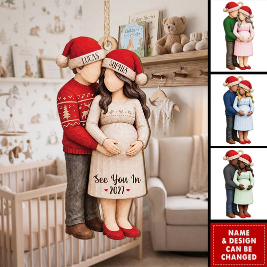 Personalized Wooden Ornament, Expecting Couple Holding Baby Bump, Unique Christmas Gift for Parents to Be
