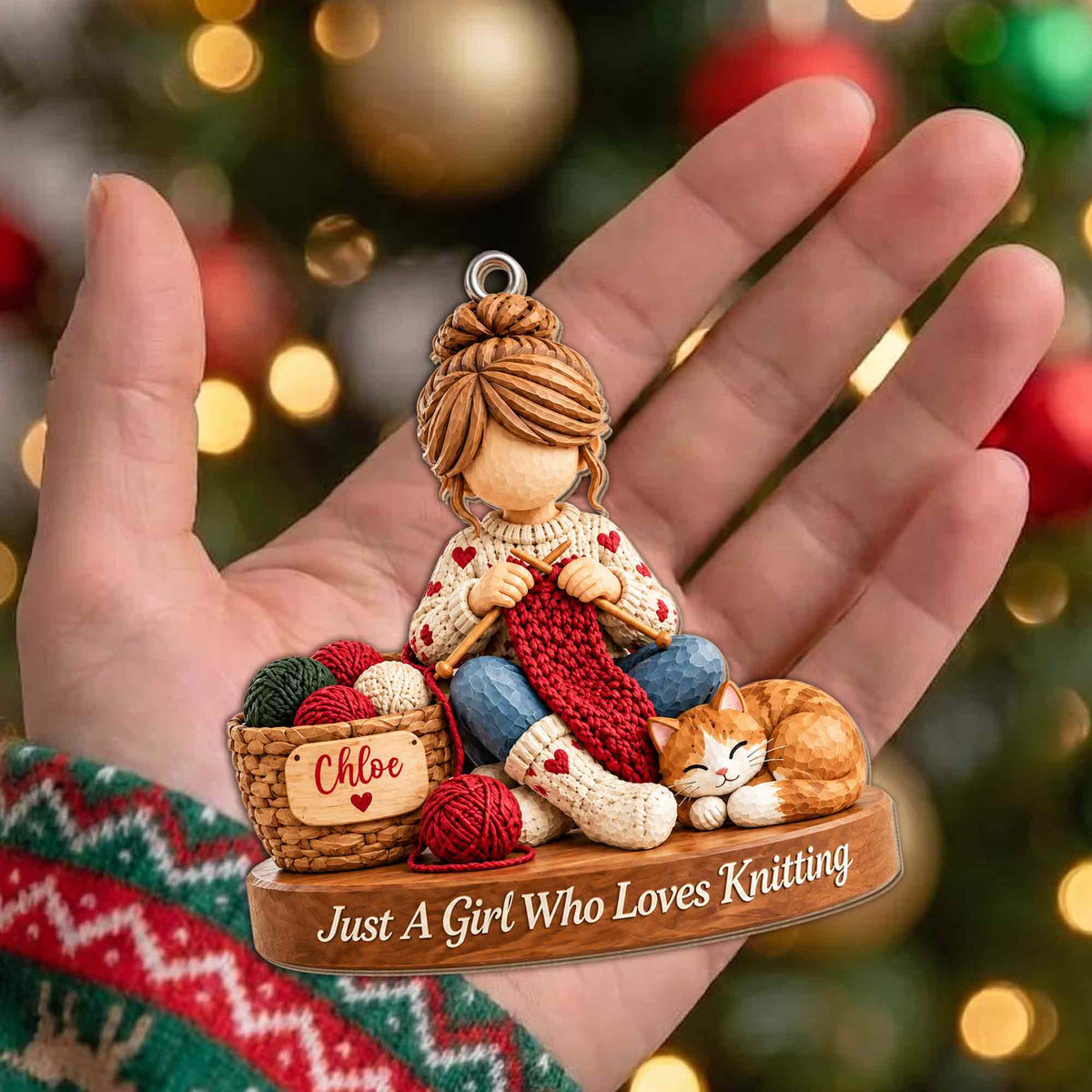 Just A Girl Who Loves Knitting Personalized Wood Ornament - Custom Craft Cat Gift for Mom