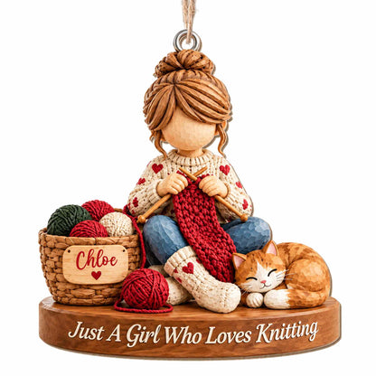 Just A Girl Who Loves Knitting Personalized Wood Ornament - Custom Craft Cat Gift for Mom