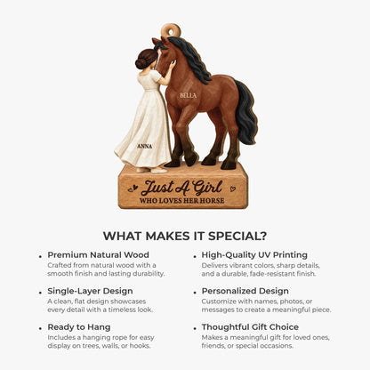 Personalized Girl Loves Her Horse Wooden Ornament