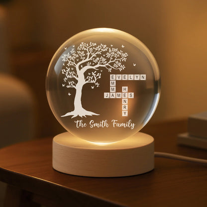 Family Tree Crossword Personalized Crystal Ball Lamp - Custom Gift for Family