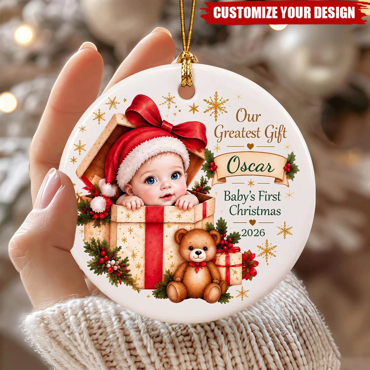 "Our Greatest Gift" Personalized Baby’s First Christmas Ceramic Ornament – New Mom Gift