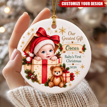 "Our Greatest Gift" Personalized Baby’s First Christmas Ceramic Ornament – New Mom Gift