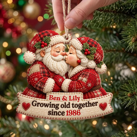 Personalized Growing Old Together Santa Couple Wood Tree Ornament