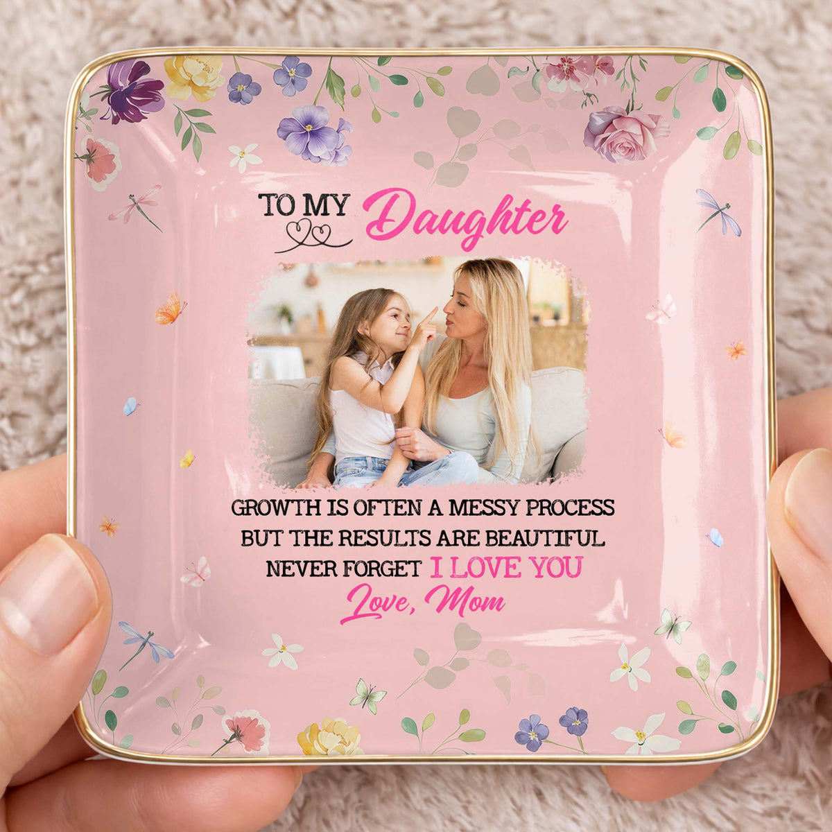 Growth Is Beautiful To My Daughter Personalized Ceramic Jewelry Dish - Custom Photo Trinket Ring Tray Gift from Mom