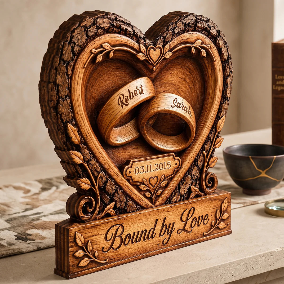 Personalized Bound by Love Wedding Rings Wooden Block