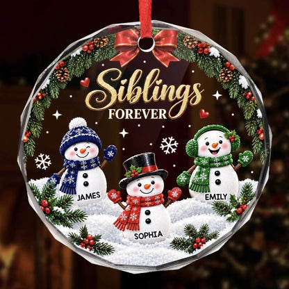 Siblings Forever Personalized Glass Ornament - Custom Snowman Christmas Gift for Brother Sister