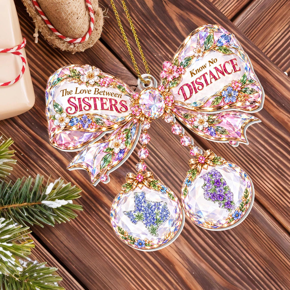 "The Love Between Sisters Know No Distance" Personalized Acrylic Ornament - Christmas Keepsake Gift for Sister