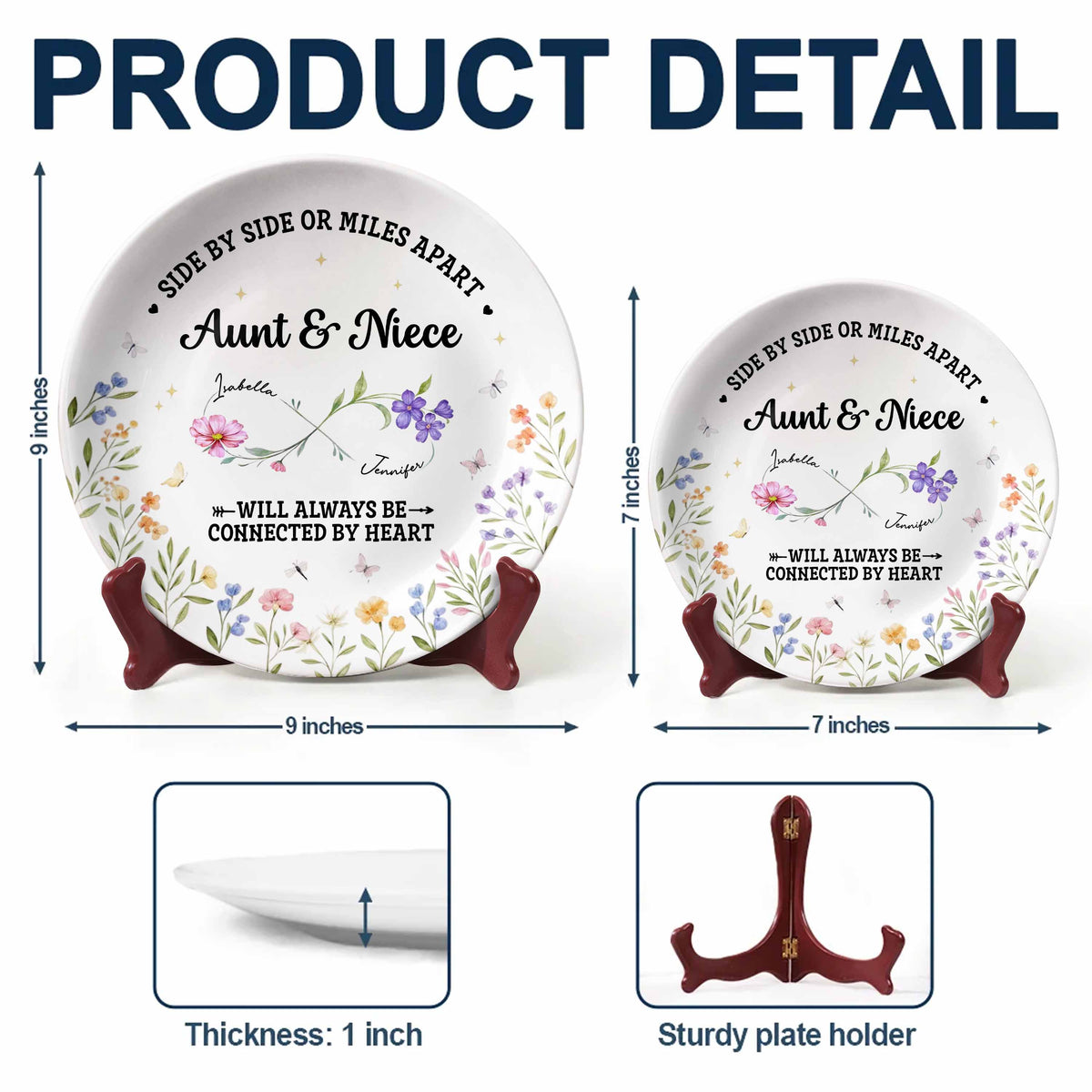 "Side By Side Or Miles Apart" Personalized Ceramic Plate - Keepsake for Aunt and Niece