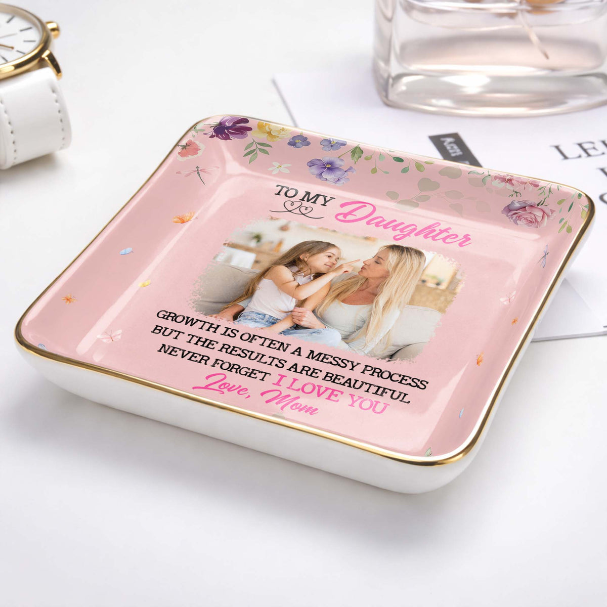 Growth Is Beautiful To My Daughter Personalized Ceramic Jewelry Dish - Custom Photo Trinket Ring Tray Gift from Mom