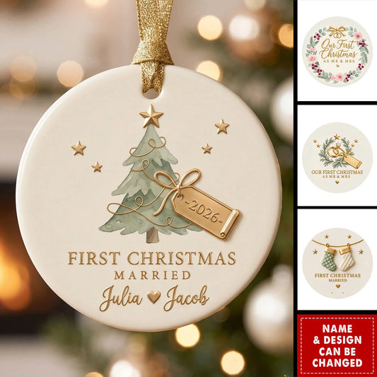 First Christmas Married Personalized Ceramic Ornament - Custom Couple Keepsake Gift