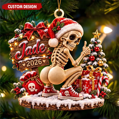 Funny Gym Squat Skeleton Personalized Wooden Ornament - Gothic Christmas Tree Decor for Best Friends