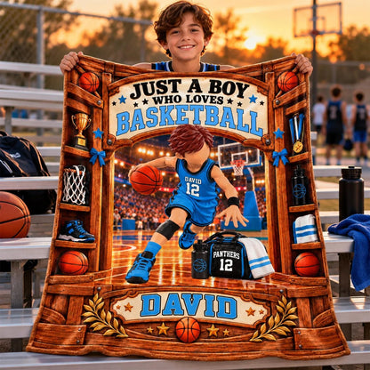 Just A Boy Who Loves Basketball Personalized Blanket - Custom Name Fleece Throw for Son & Basketball Fans