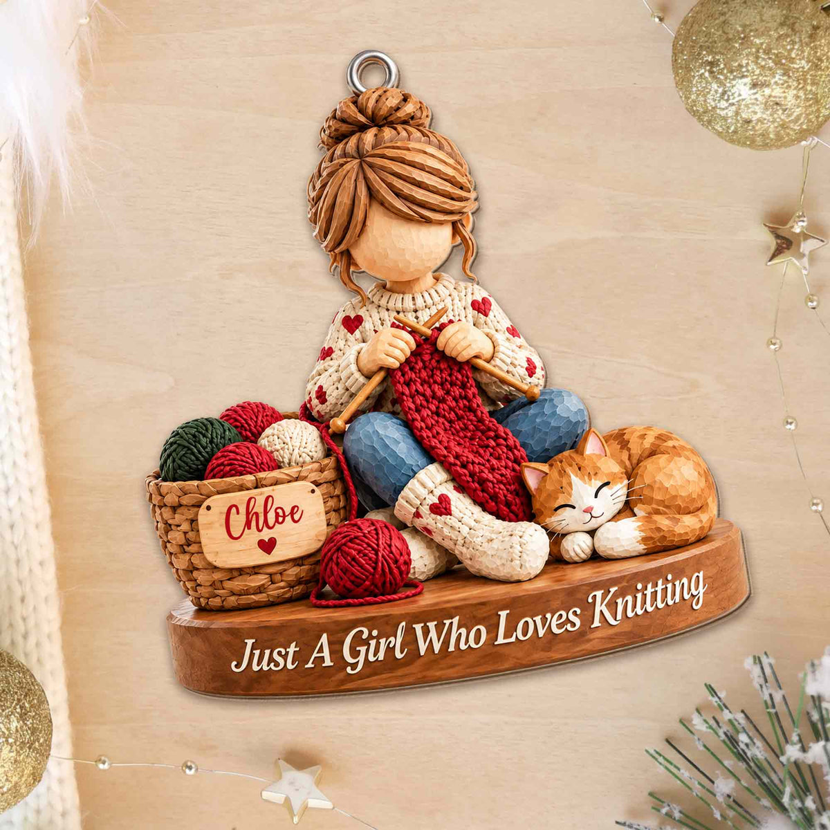 Just A Girl Who Loves Knitting Personalized Wood Ornament - Custom Craft Cat Gift for Mom