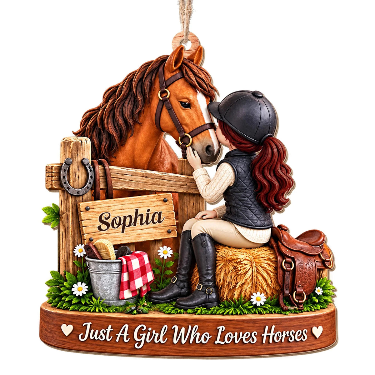 Personalized Girl Who Loves Horses Wooden Ornament