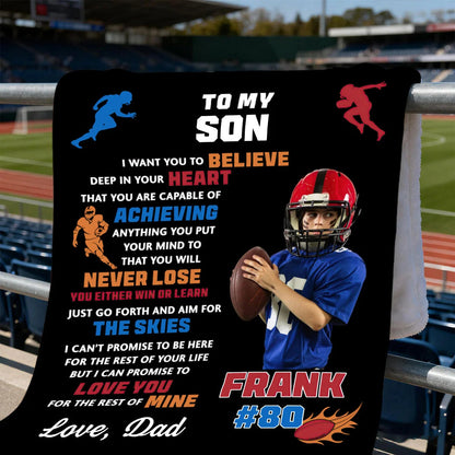 To My Son Personalized Football Blanket - Custom Photo Name & Number Game Day Gift