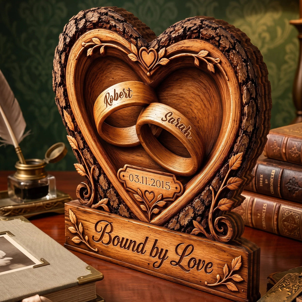 Personalized Bound by Love Wedding Rings Wooden Block