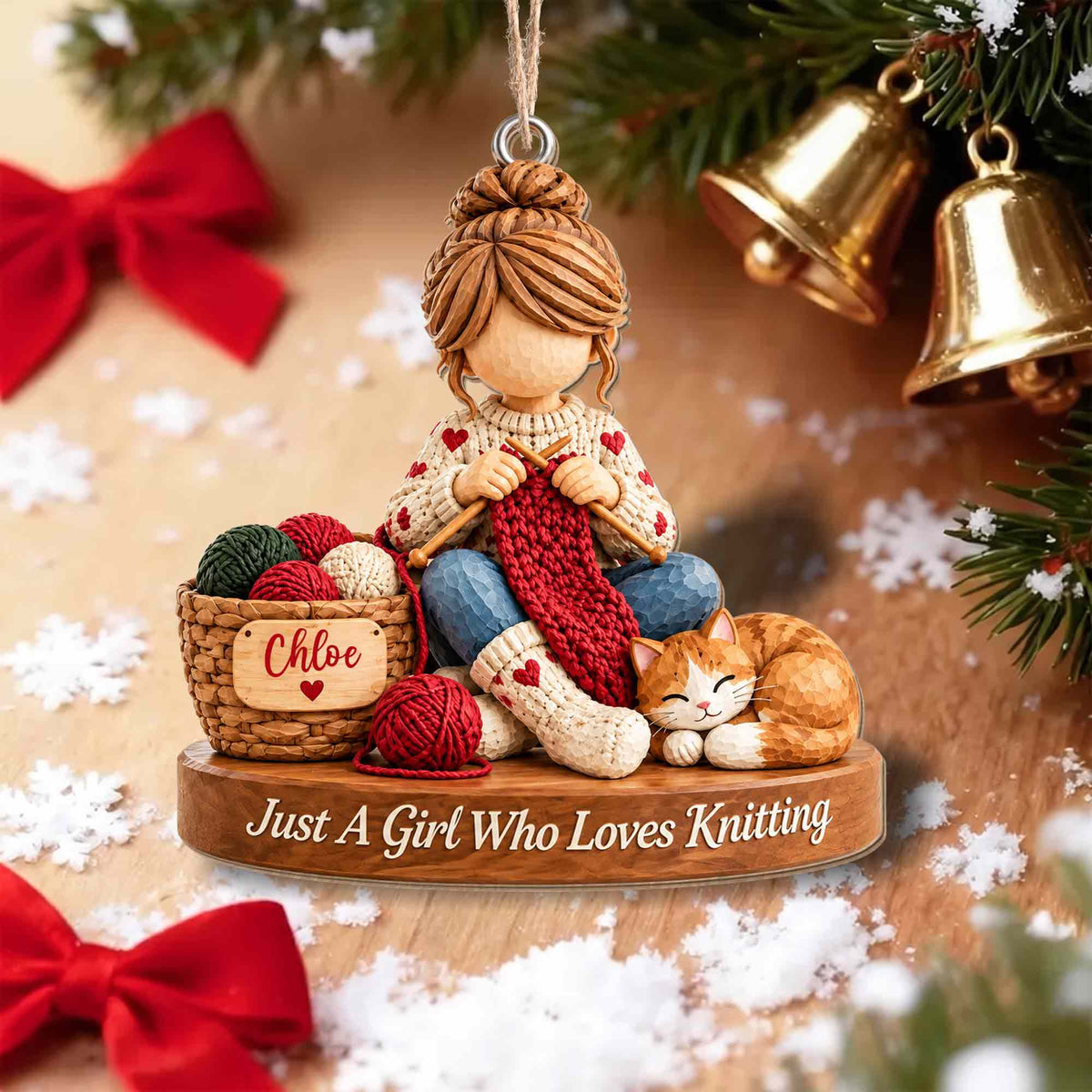 Just A Girl Who Loves Knitting Personalized Wood Ornament - Custom Craft Cat Gift for Mom