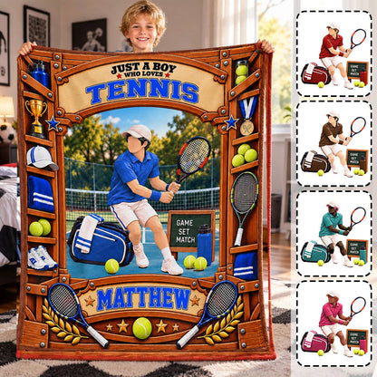 Just A Boy Who Loves Tennis Personalized Blanket - Custom Tennis Player Birthday Gift Throw for Son