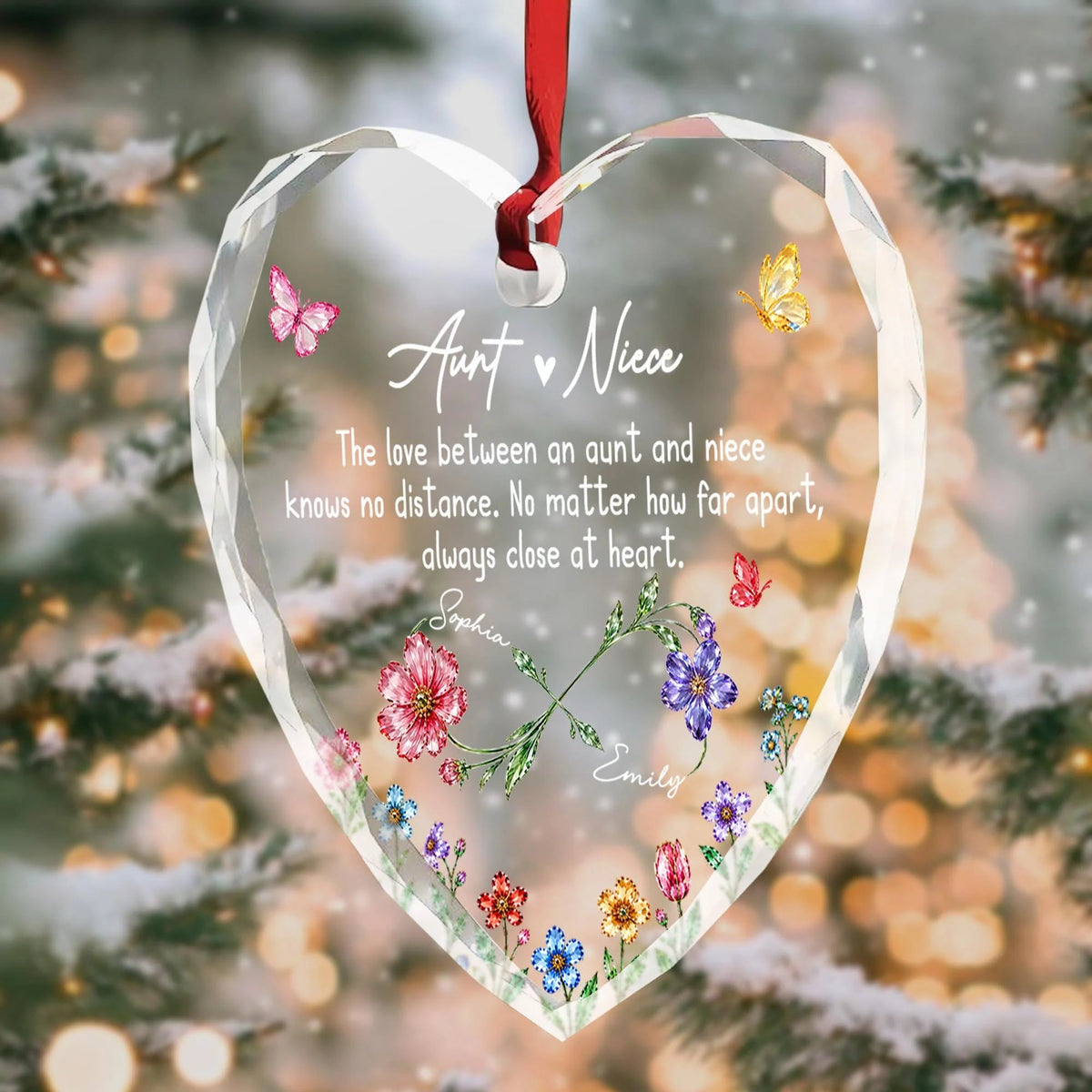"The Love Between An Aunt And Niece Knows No Distance" Personalized Heart Glass Ornament - Long Distance Keepsake Gift