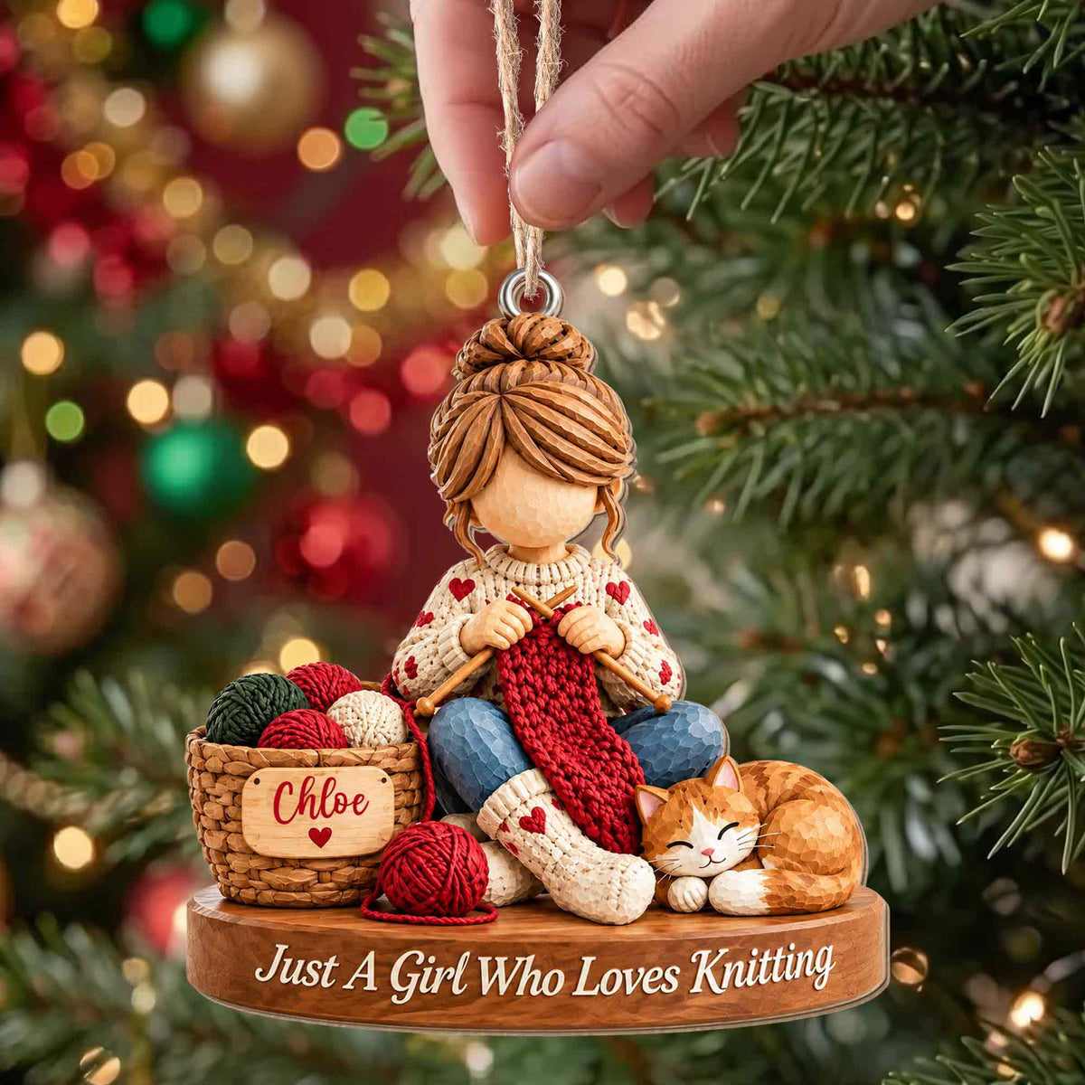 Just A Girl Who Loves Knitting Personalized Wood Ornament - Custom Craft Cat Gift for Mom