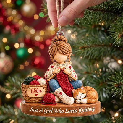 Just A Girl Who Loves Knitting Personalized Wood Ornament - Custom Craft Cat Gift for Mom