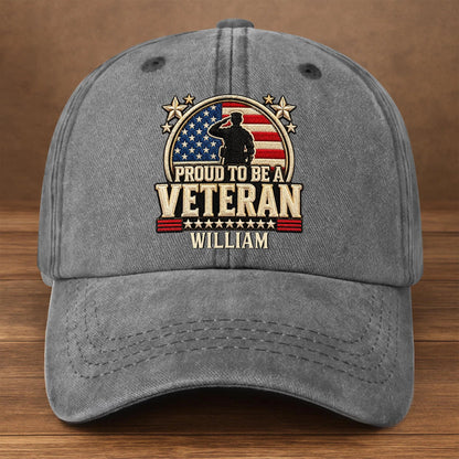 Proud To Be A Veteran Personalized Washed Denim Cap for Military Dad - Patriotic American Flag Gift