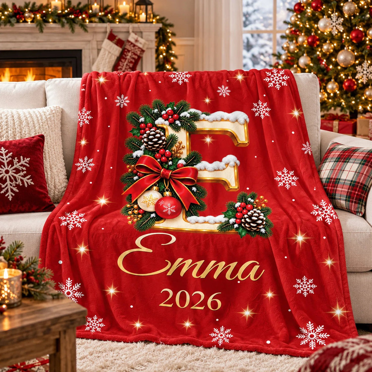 Custom Initial Name Christmas Blanket - Personalized Holiday Keepsake Throw for Kids and Family
