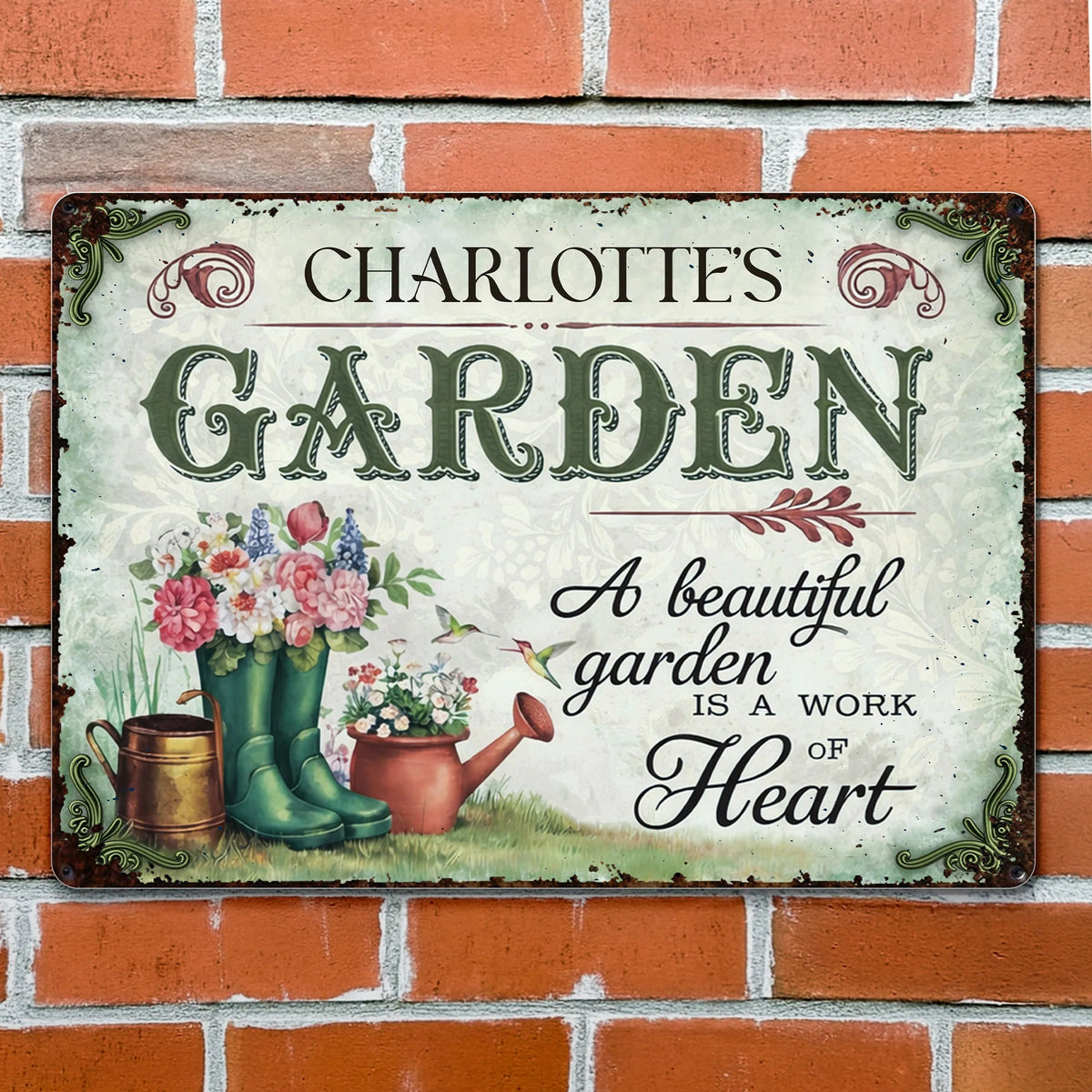 "A Beautiful Garden Is A Work Of Heart" Personalized Metal Sign - Garden Decor for Mom Grandma