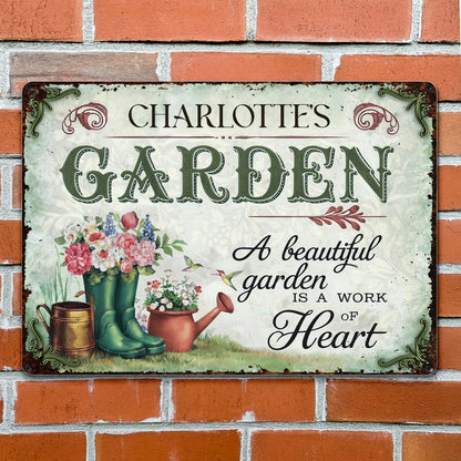 "A Beautiful Garden Is A Work Of Heart" Personalized Metal Sign - Garden Decor for Mom Grandma