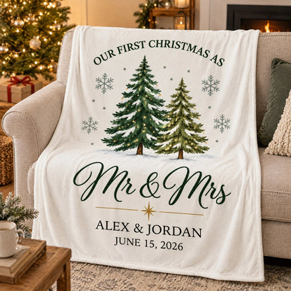 Our First Christmas As Mr & Mrs Personalized Blanket for Couples - Custom Newlywed Holiday Keepsake Throw