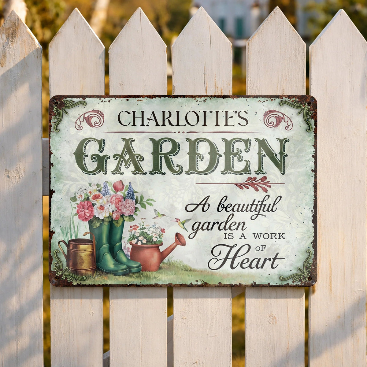 "A Beautiful Garden Is A Work Of Heart" Personalized Metal Sign - Garden Decor for Mom Grandma