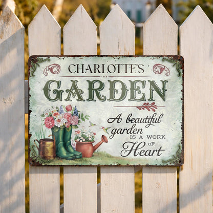 "A Beautiful Garden Is A Work Of Heart" Personalized Metal Sign - Garden Decor for Mom Grandma