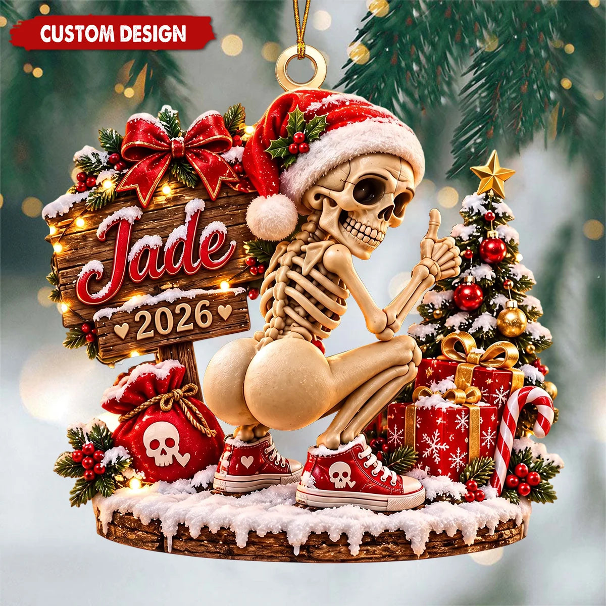 Funny Gym Squat Skeleton Personalized Wooden Ornament - Gothic Christmas Tree Decor for Best Friends