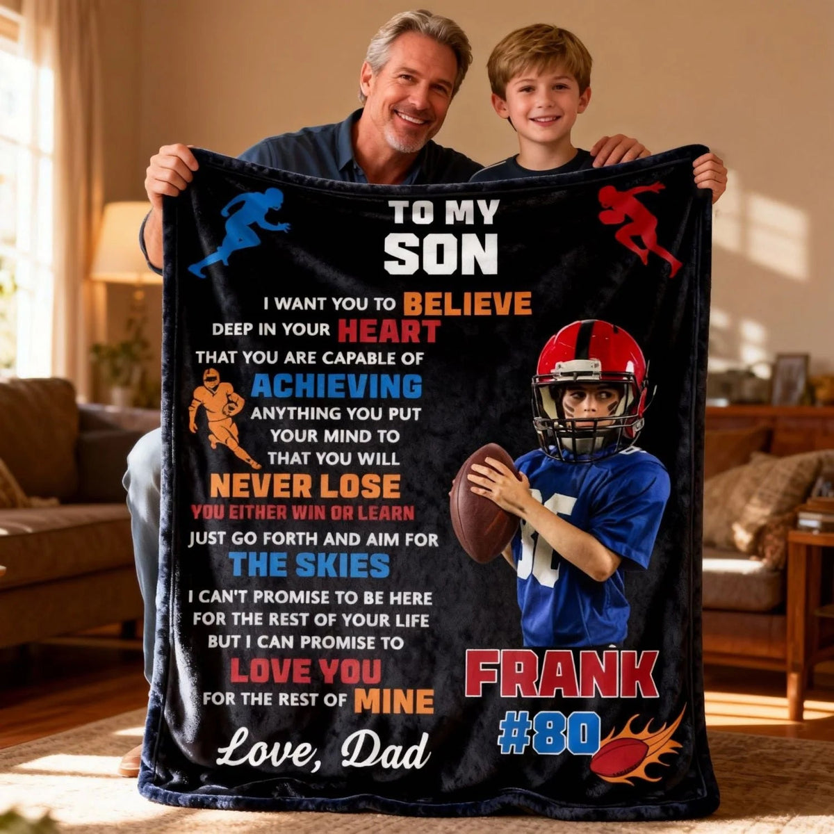 To My Son Personalized Football Blanket - Custom Photo Name & Number Game Day Gift