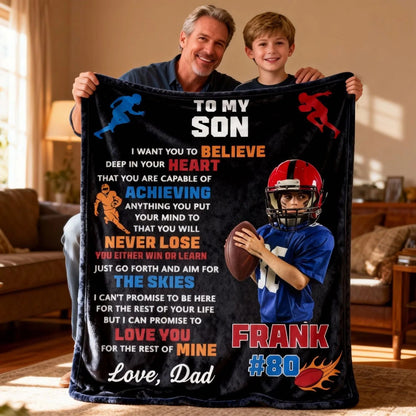 To My Son Personalized Football Blanket - Custom Photo Name & Number Game Day Gift