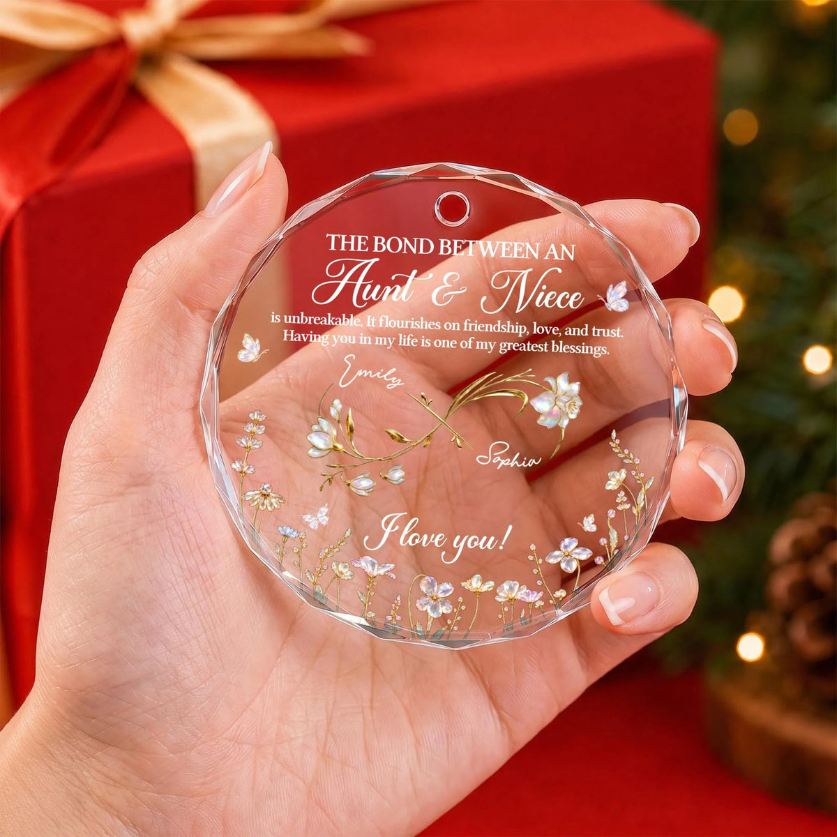 The Bond Between Aunt and Niece Personalized Circle Glass Ornament - Custom Floral Keepsake Christmas Gift