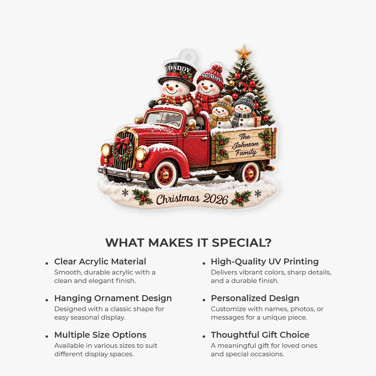 Personalized Snowman Family Red Truck Acrylic Ornament