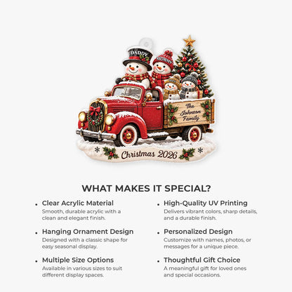 Personalized Snowman Family Red Truck Acrylic Ornament