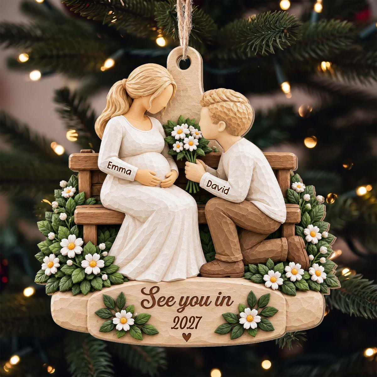 See You in 2027 Personalized Wooden Ornament for Expecting Parents - Custom Baby Bump Keepsake for Christmas