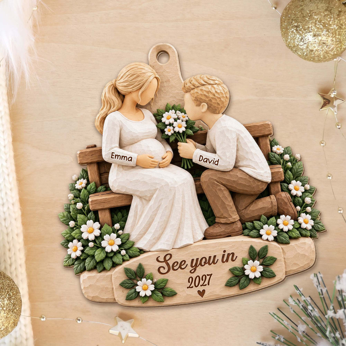 See You in 2027 Personalized Wooden Ornament for Expecting Parents - Custom Baby Bump Keepsake for Christmas