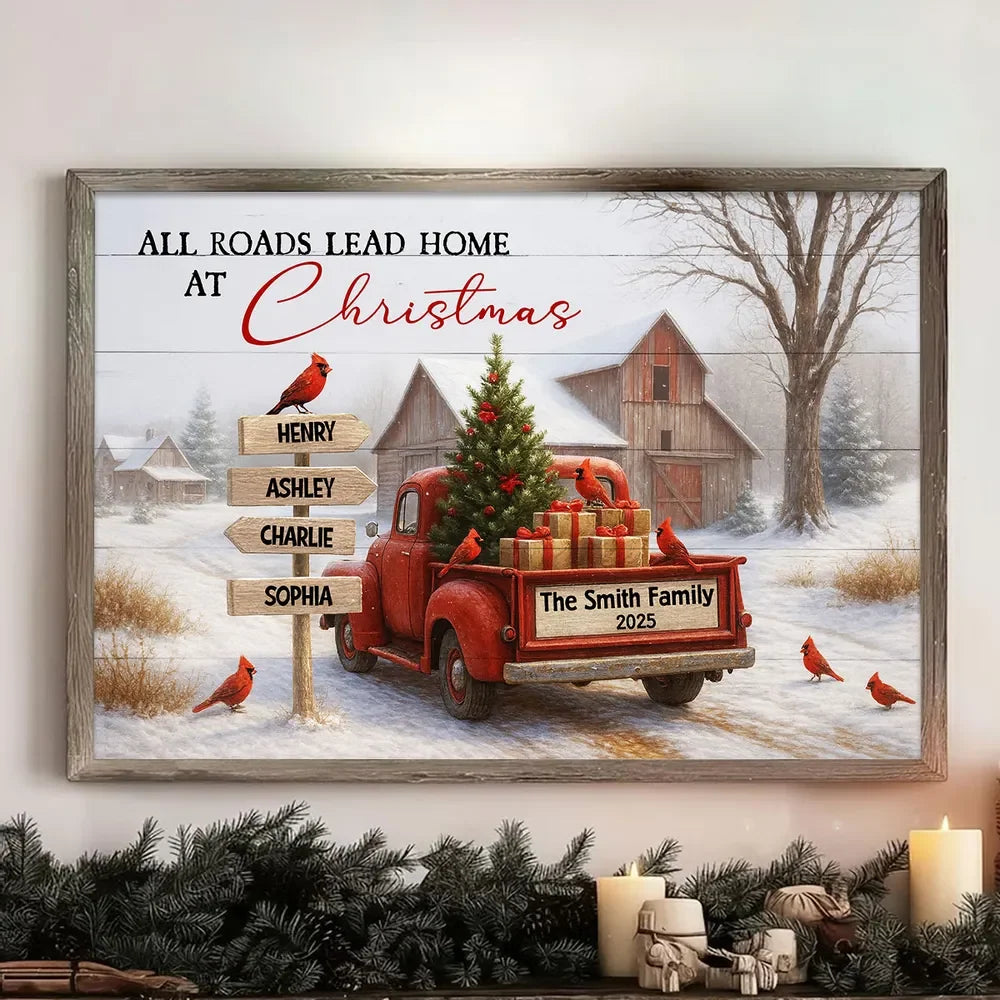 All Roads Lead Home at Christmas Personalized Family Canvas / Poster - Custom Holiday Wall Art