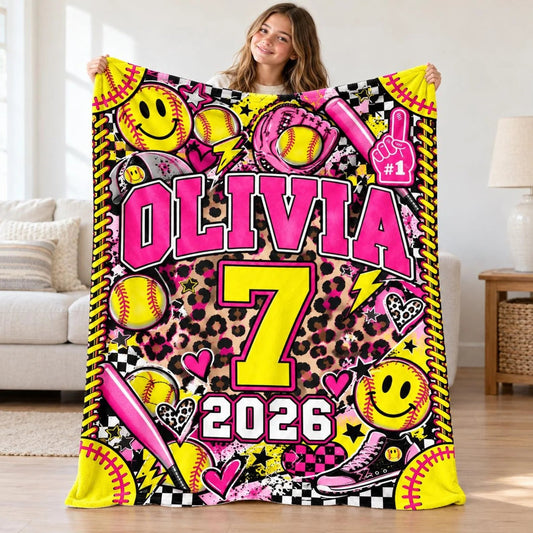 Custom Name & Jersey Number Personalized Softball Blanket - Cozy Leopard Fleece Throw Gift for Girls