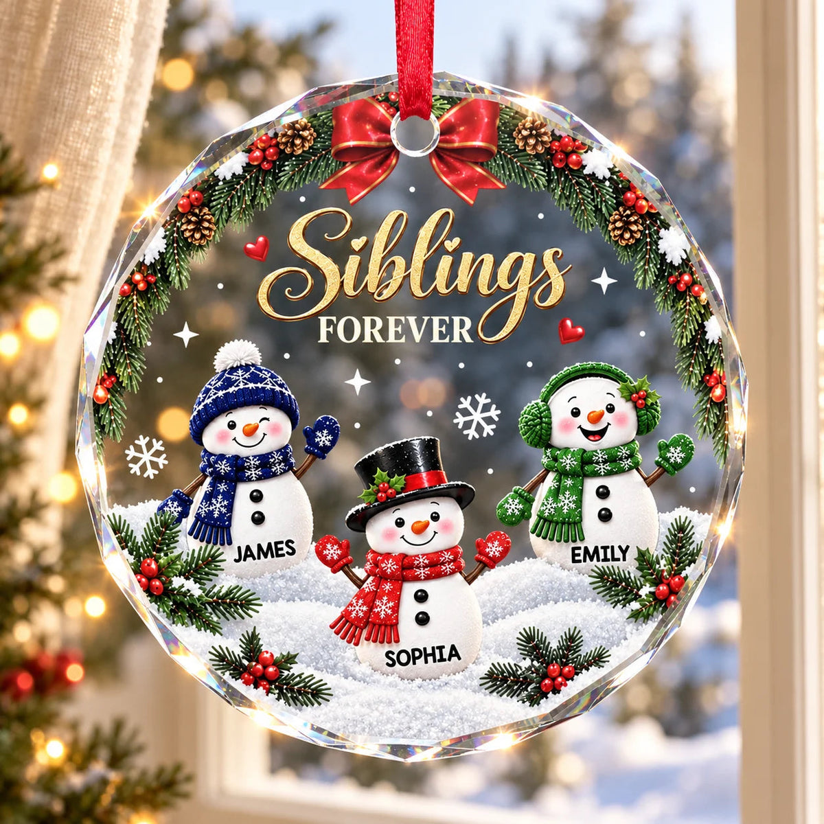Siblings Forever Personalized Glass Ornament - Custom Snowman Christmas Gift for Brother Sister