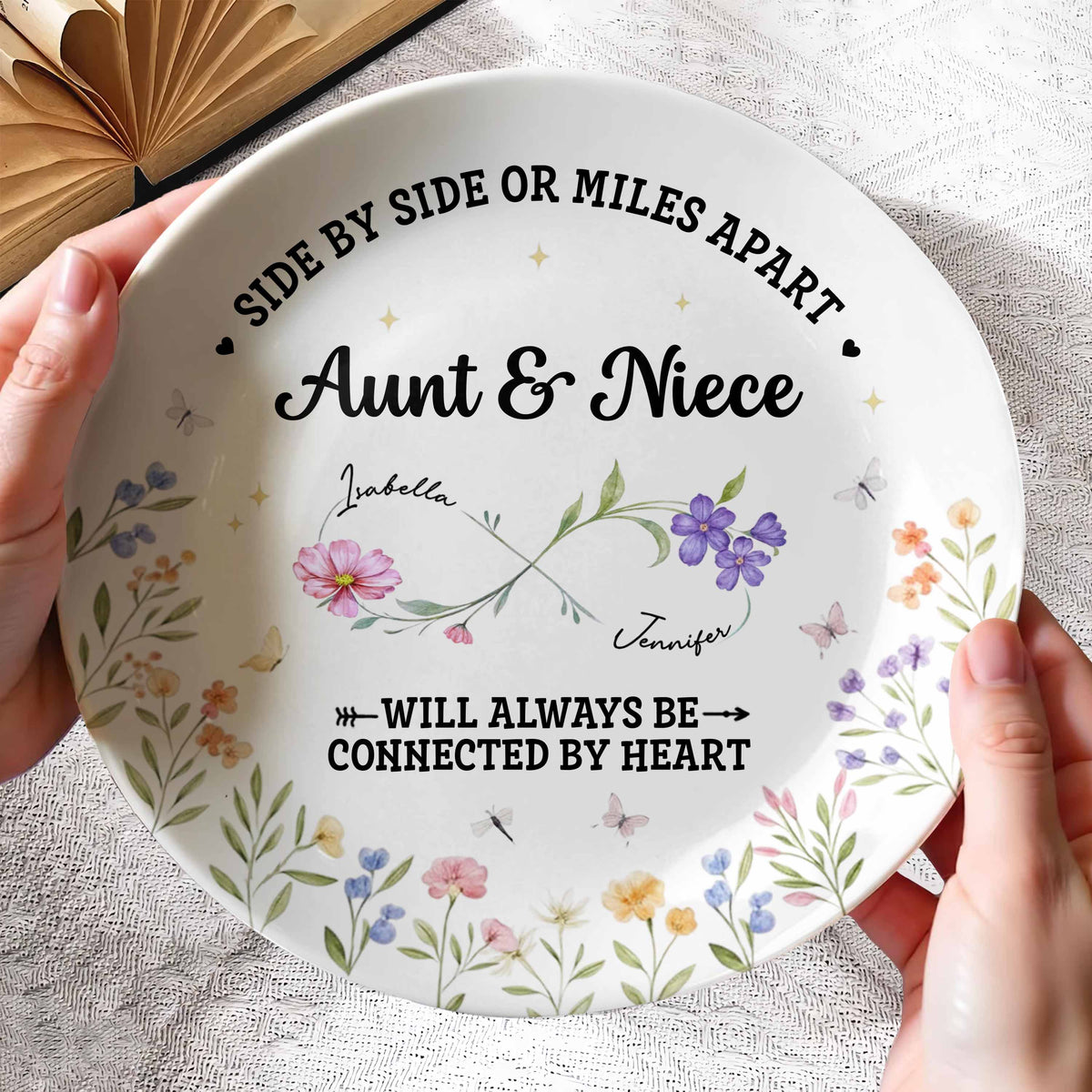 "Side By Side Or Miles Apart" Personalized Ceramic Plate - Keepsake for Aunt and Niece