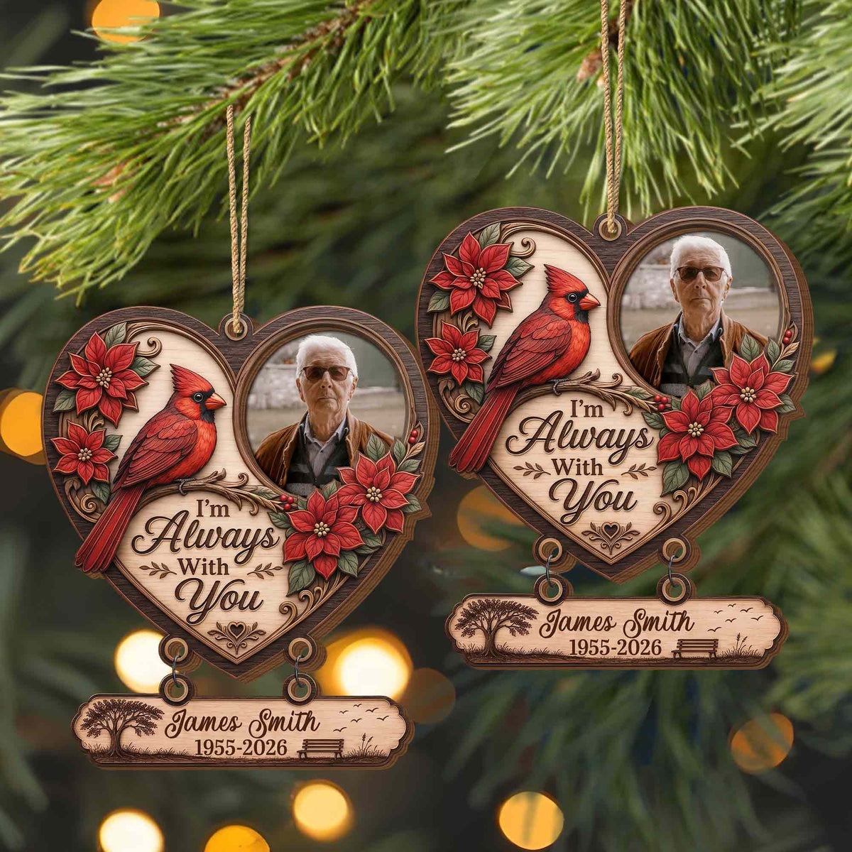 Personalized Cardinal Memorial Photo Heart Wooden Tree Ornament