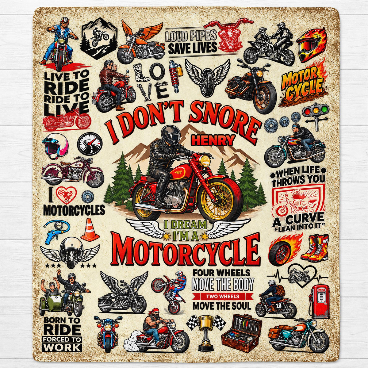 "I Don't Snore I Dream I'm A Motorcycle" Personalized Blanket - Custom Rider Gift for Biker Husband, Dad